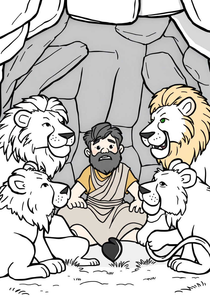 Illustrate Daniel in the lion's den, calmly surrounded by lions, with a sense of peace and divine protection. a coloring book page, cartoon style, thick lines, low details, no shading. - Image