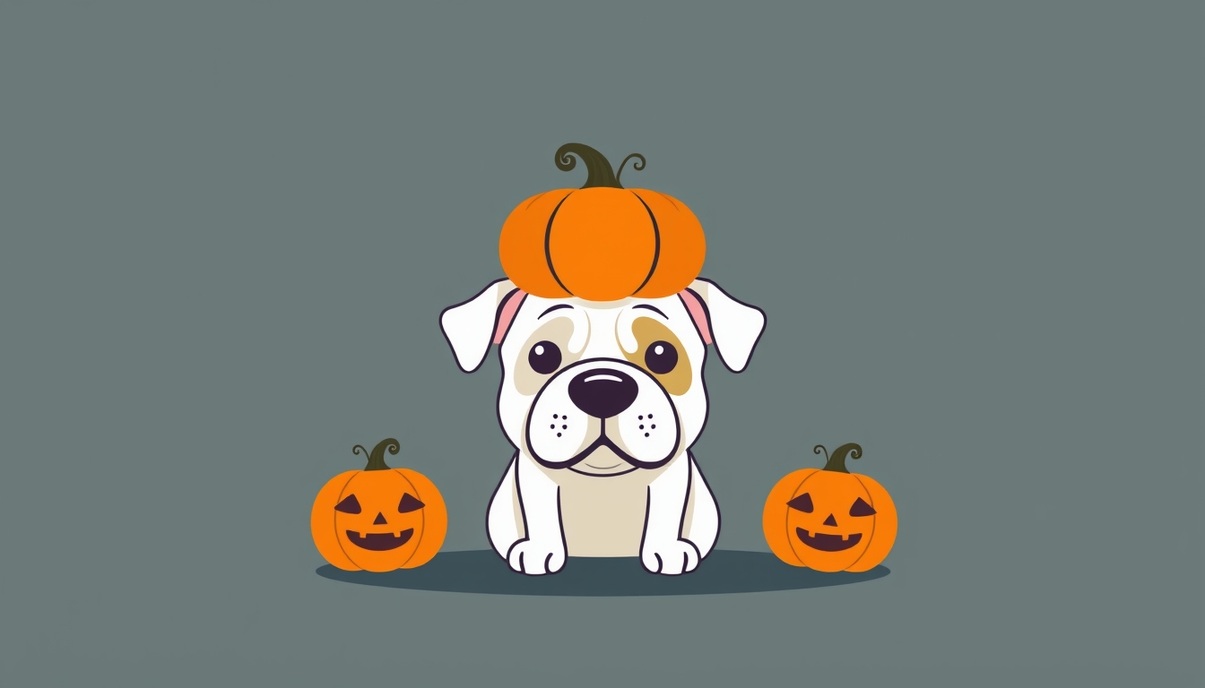 A dog with a pumpkin on its head, minimalistic style, Halloween theme, simple background.