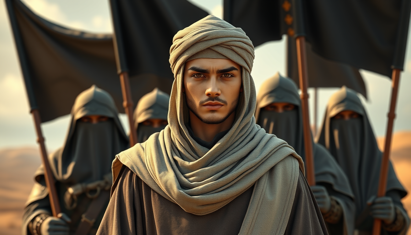 Digital vector of a young Muslim commander wearing modest biblical cloak-turban clothes, standing behind great Muslim warriors with a leader's expression. The medieval Muslim warriors are wearing veils and holding black banners, guarding him in open land. Ambient occlusion, minimal textures, raw filter, skin retouched, dodge burn effect, highlighting shader. - Image