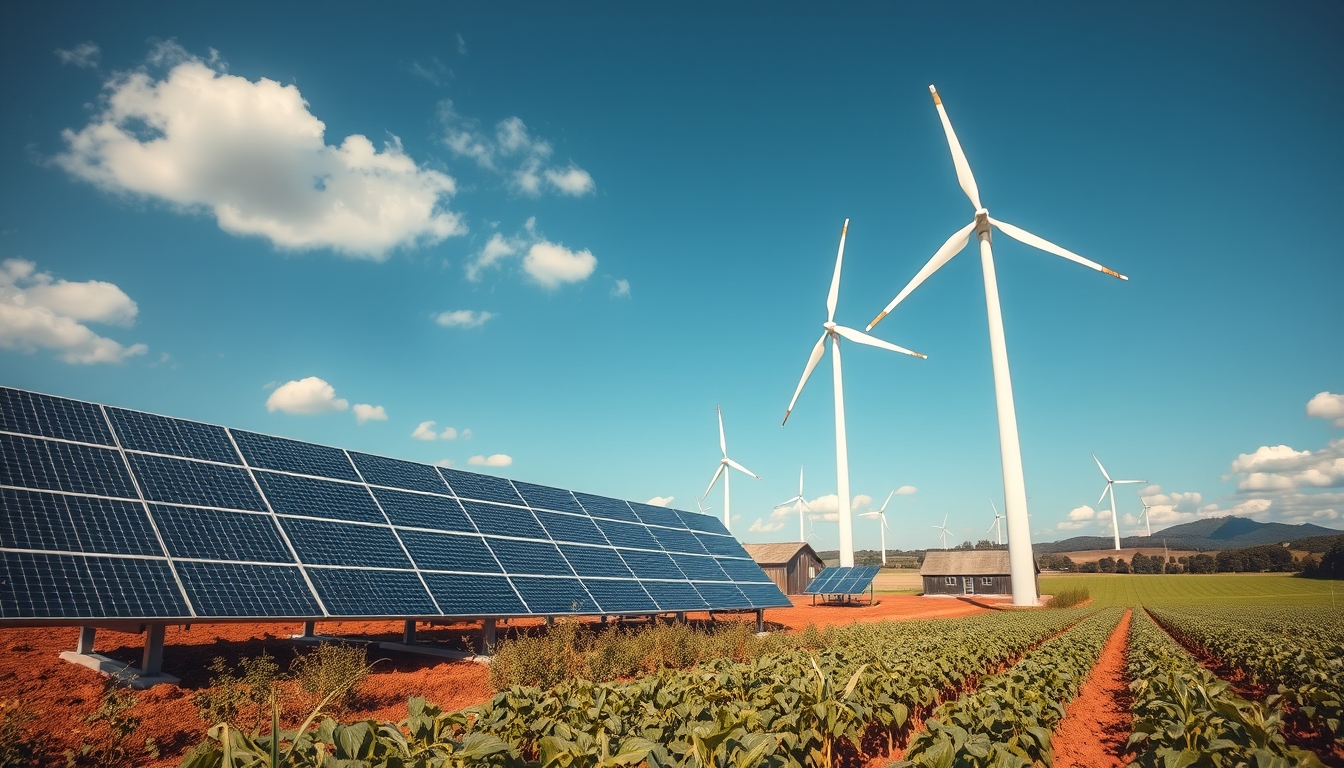 A wide-angle shot of a modern, eco-friendly farm with solar panels, wind turbines, and organic crops in the foreground.