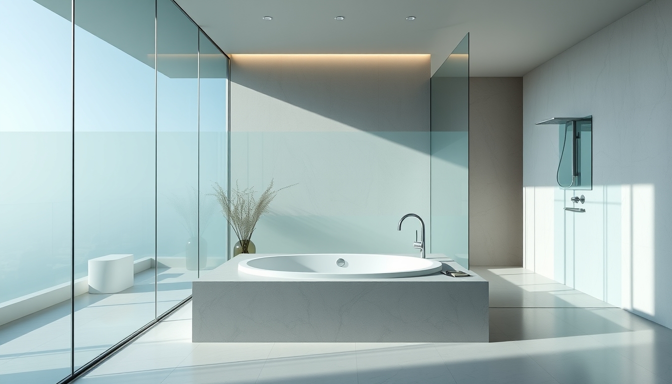 A sleek modern bathroom with glass walls and a luxurious soaking tub.