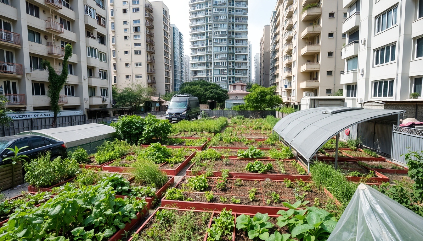 Urban farm or community garden amidst high-rise buildings, showcasing urban agriculture.