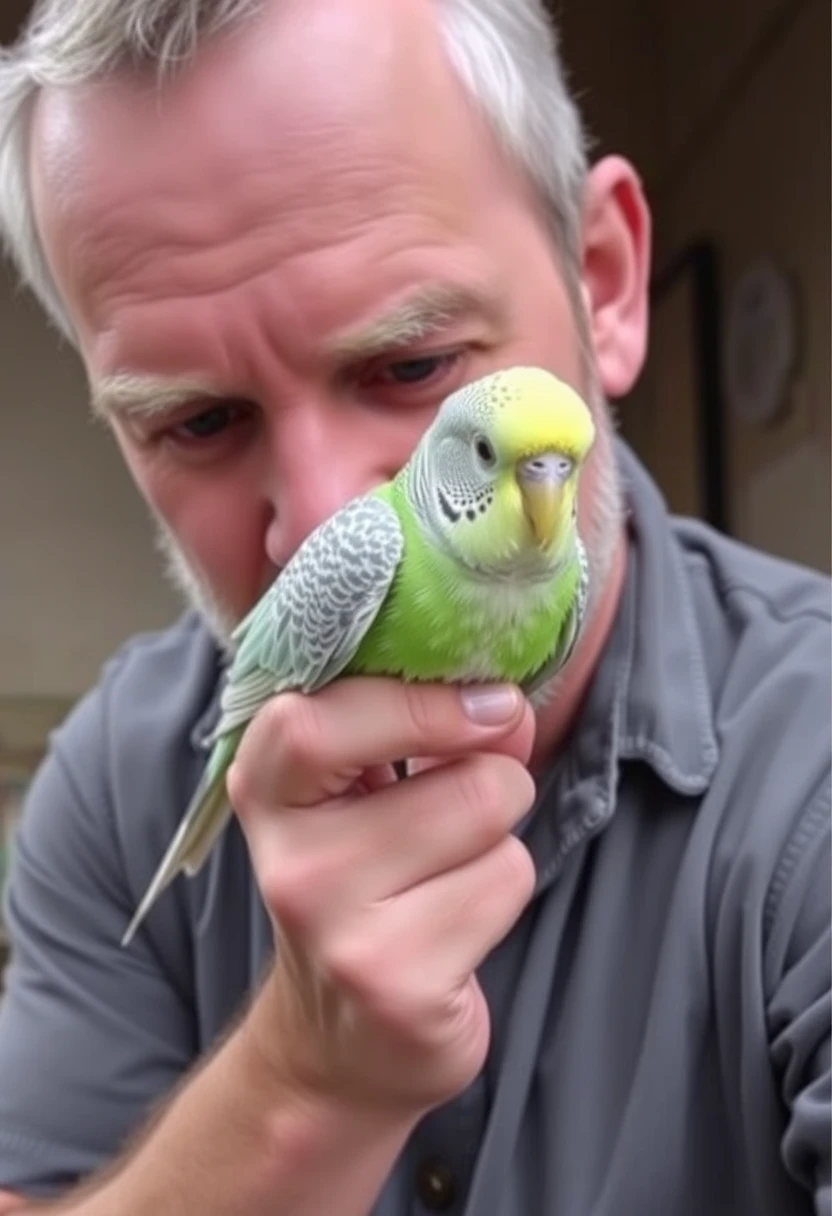 Man holding a budgie tight and aggressively, low resolution, 480p, screenshot.