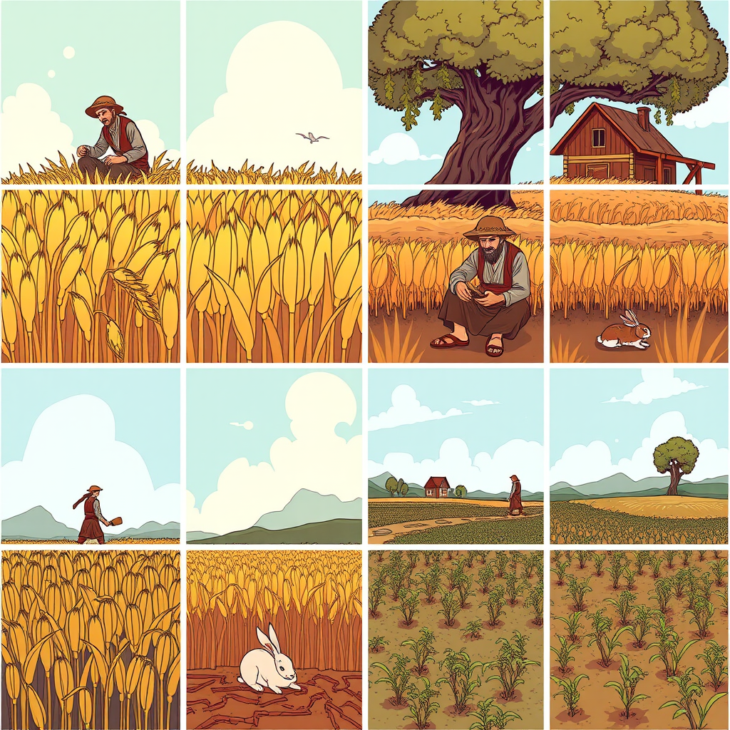 The image style is "cyberpunk," featuring an ancient farmer in a 3x3 grid. Understood! The characters in each scene will all use the same farmer, ensuring that the face shape and clothing remain consistent throughout. In the first panel, the farmer is harvesting wheat. In the second panel, the farmer is sitting under a tree, resting, and a rabbit is rushing toward the tree. In the third panel, the farmer is holding a rabbit in his hand. In the fourth panel, the farmer is walking toward a house. In the fifth panel, the farmer sits under the tree. In the sixth panel, the farmer sighs while sitting under the tree. In the seventh panel, the farmer stares blankly at the sky. In the eighth panel, the crops have withered. In the ninth panel, the farmer is planting seeds in the field. - Image