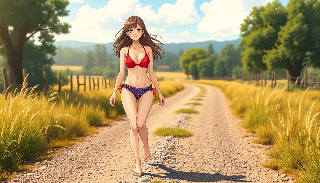 A beautiful adult bikini girl walking on a gravel country road, anime style, barefoot, smiling. - Image