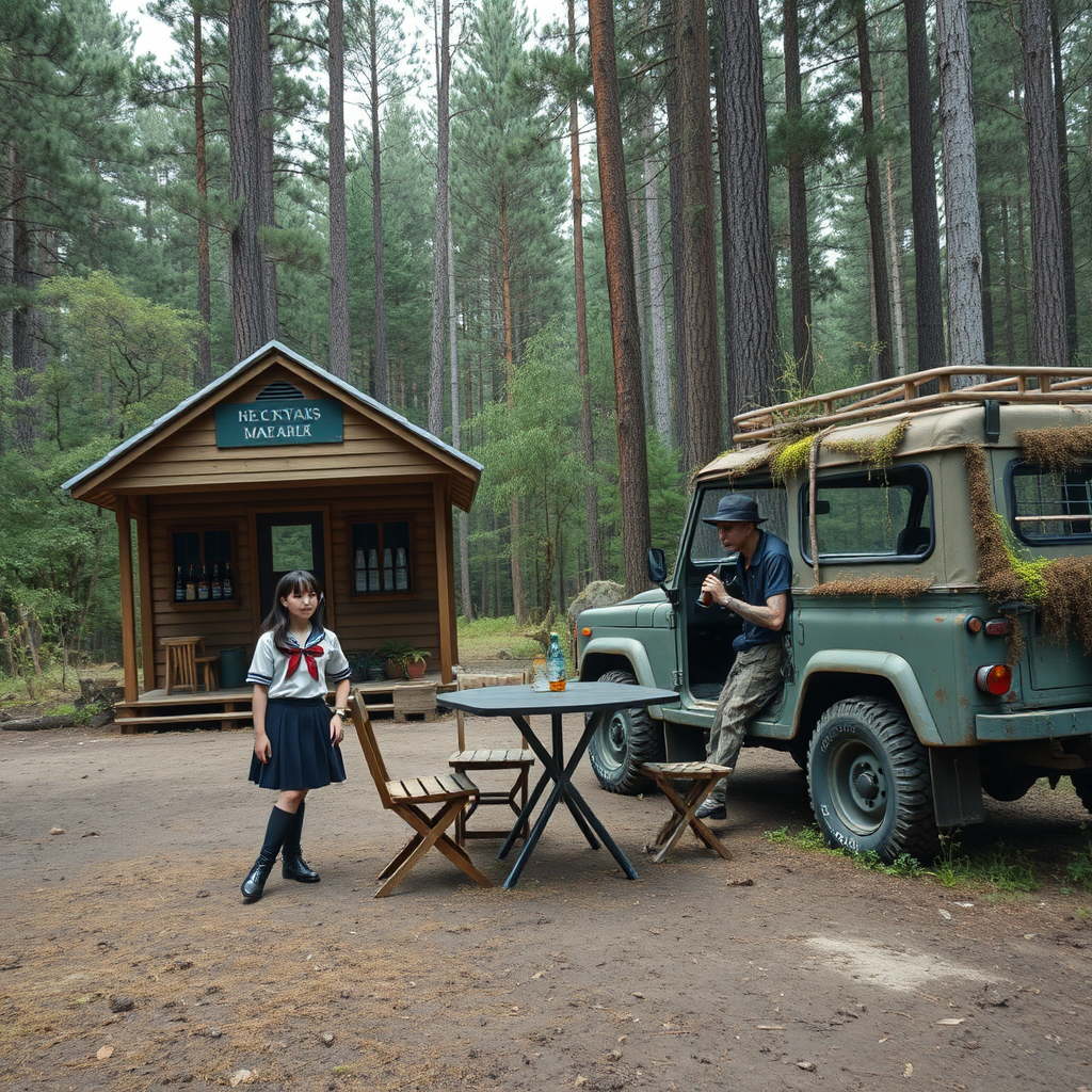 Real-life photography, wide shot: In the forest, there are two wooden cabins selling alcohol, and a dressed zombie comes to buy some. Next to the cabin, there are one table and two chairs, with a zombie wearing a hat sitting and drinking. There is also an abandoned off-road vehicle nearby, covered in moss and weeds. A Japanese female student wearing a school uniform skirt walks by. - Image