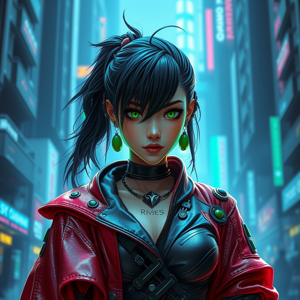 Cyber style of women warrior with rugged black hair and cybernetic implants | merging leather garments with futuristic cyberpunk elements | flowing robes and high-tech armor plating | dystopian cityscape background | in deep blue and neon green. hyper-real , 8k , AR , cute face style, no up. - Image