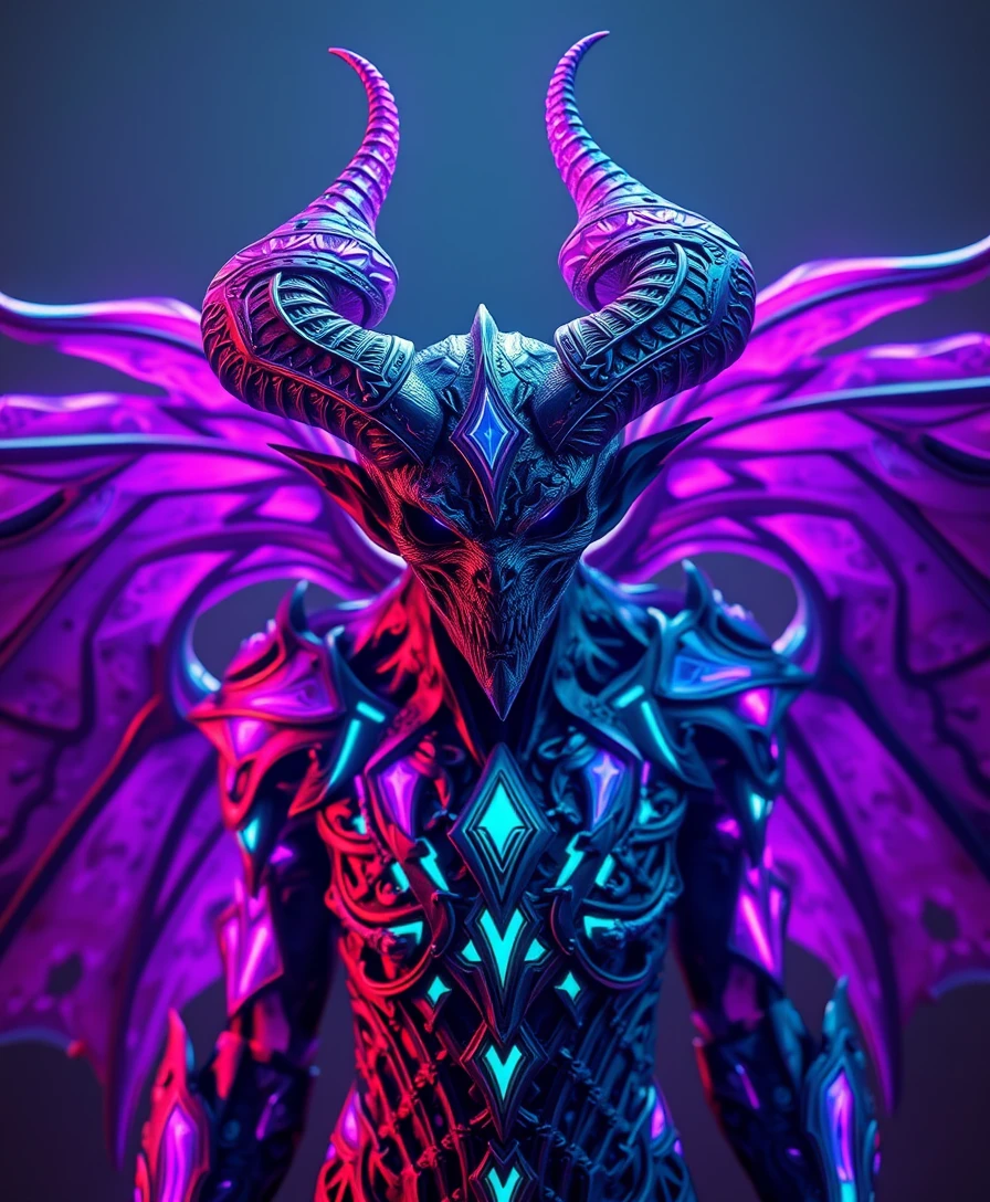 A photo of an 8k ultra-realistic scary demon with 6 wings, full body, intricate purple and blue neon armor, ornate, cinematic lighting, trending on ArtStation, 4k, hyper-realistic, focused, high details, Unreal Engine 5, cinematic exquisite details and textures, sharp focus, high resolution, detailed eyes, 8k UHD, Nikon D850, high quality, film grain, hyper-realistic skin (detailed skin: 1.3).