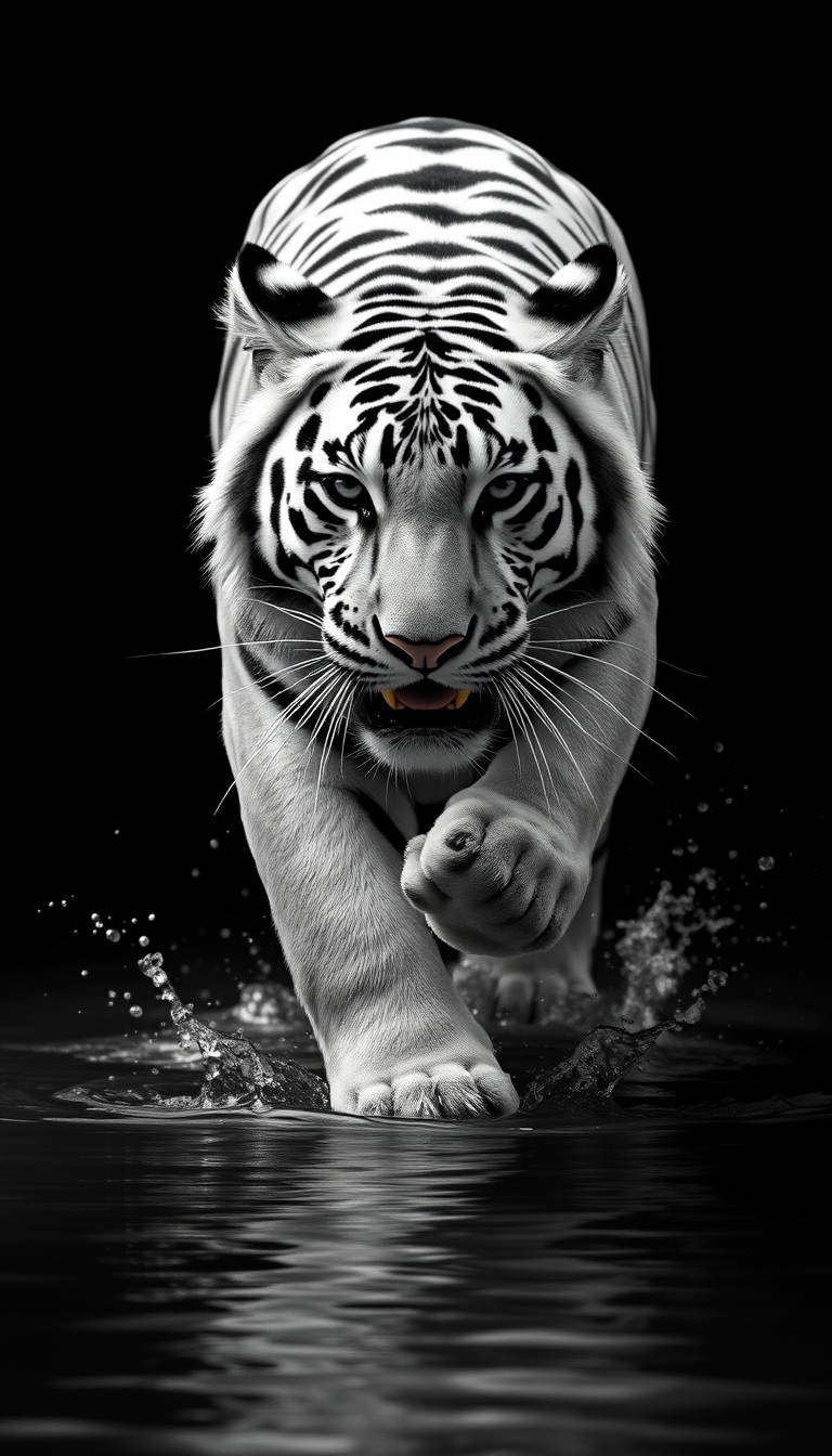 Black and white tiger on black background running towards on water. Modern exclusive background for poster, wallpaper. 8k, high quality, high resolution, professional photography.