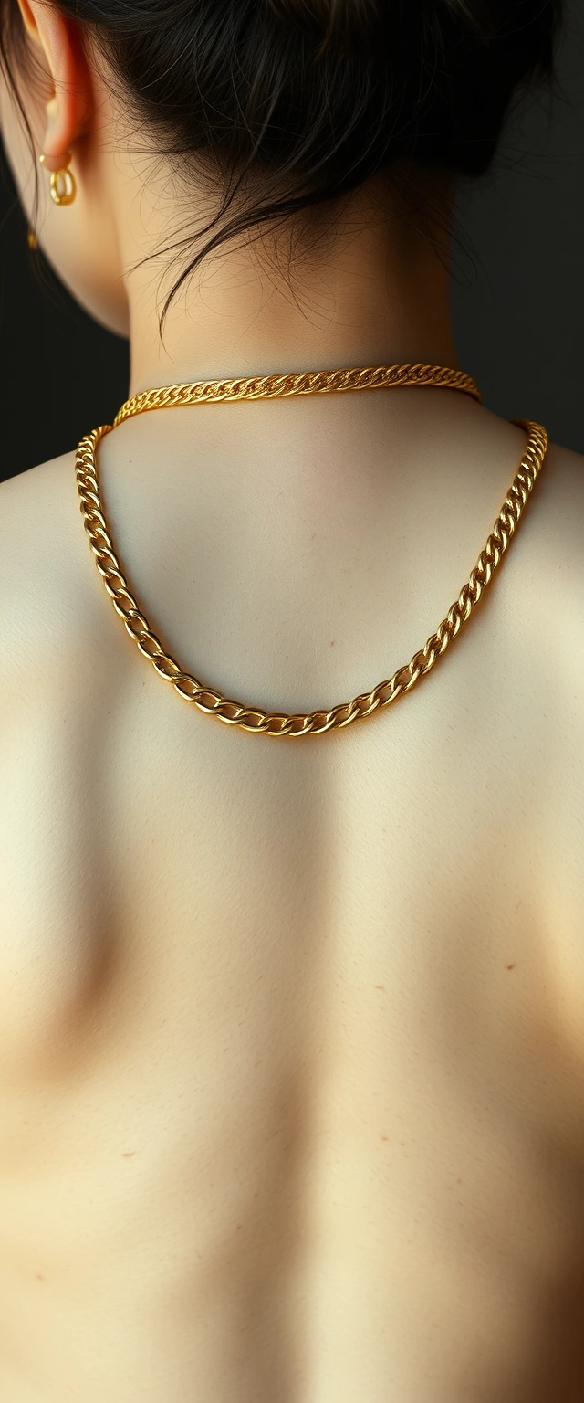 Close-up view of the back of a tall and strictly white-skinned Korean Indian woman wearing gold chains on her waist and neck. Narrow aperture, highly photorealistic, sweaty white skin.