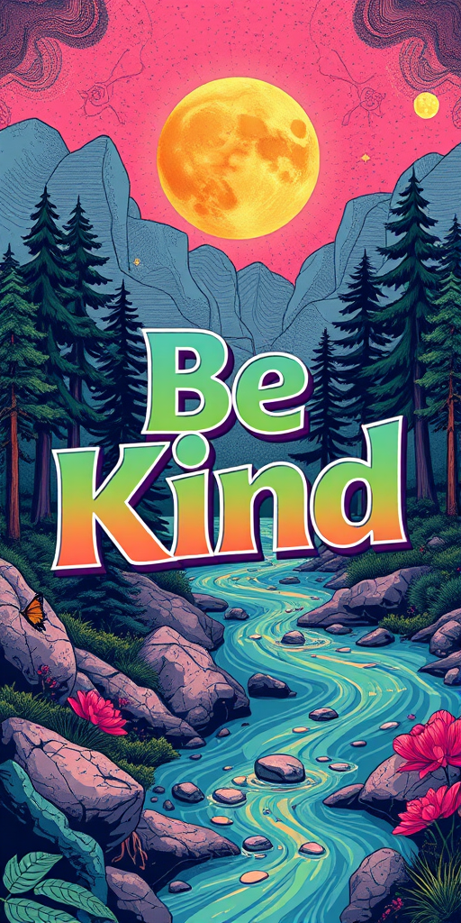 Positive and Vibrant illustration featuring a bold, 70's style graphic and spiritual themes, set against a backdrop of nature-inspired textures, trees, river, with the phrase "Be Kind" emblazoned in 3D, intricate, swirling patterns, with a predominantly pastel colors, moody color palette punctuated by flashes of neon orange, pinks, green, electric blues, and sunshine yellows, evoking a sense of peace, spiritual awakening, and empowerment.