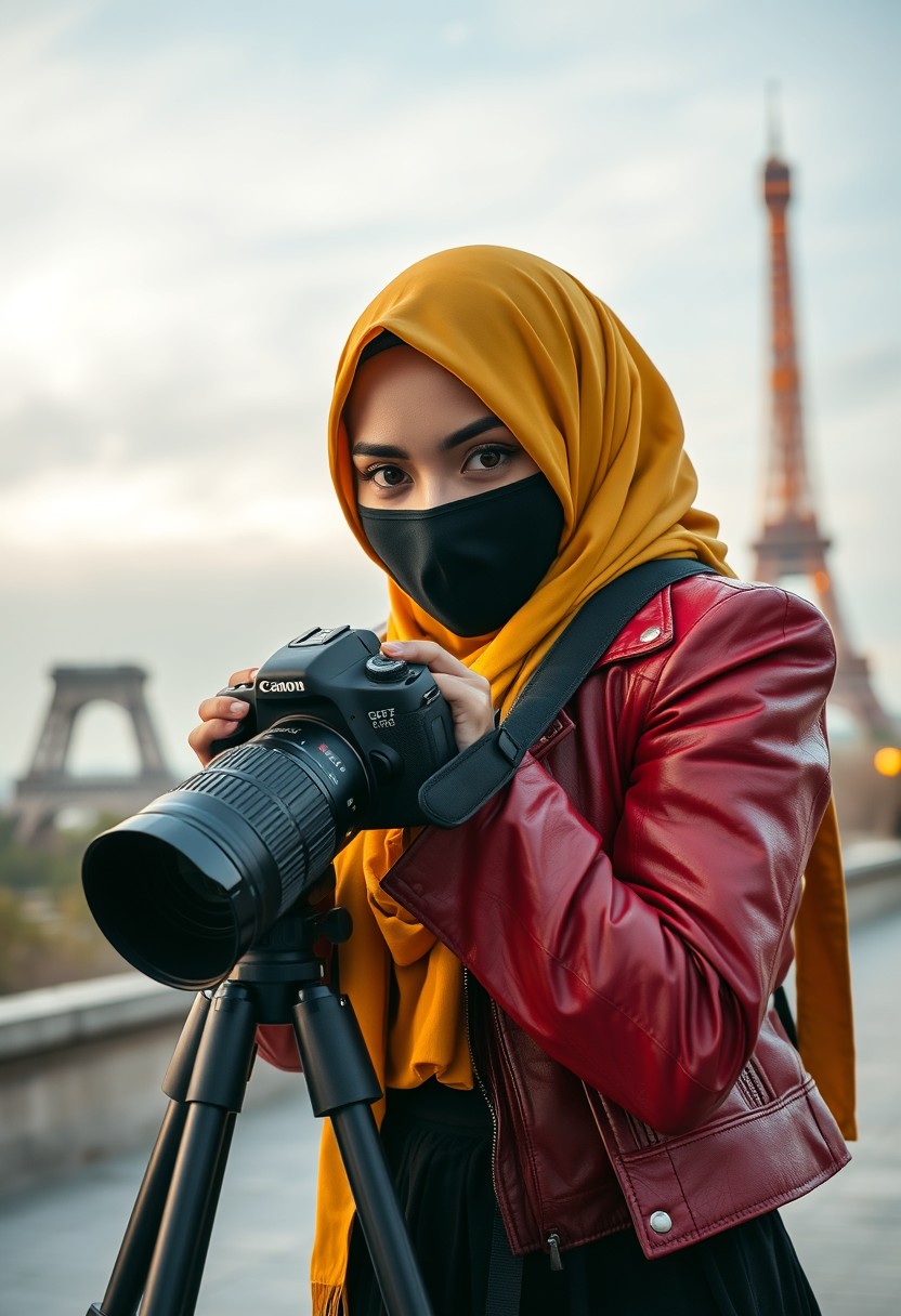 Biggest hijab yellow Muslim girl, beautiful eyes, black face mask, red leather jacket, biggest black skirt, DSLR camera CANON, tripod, taking photo of the Eiffel Tower, sunrise, morning scenery, Eiffel Tower, hyper-realistic, street photography.