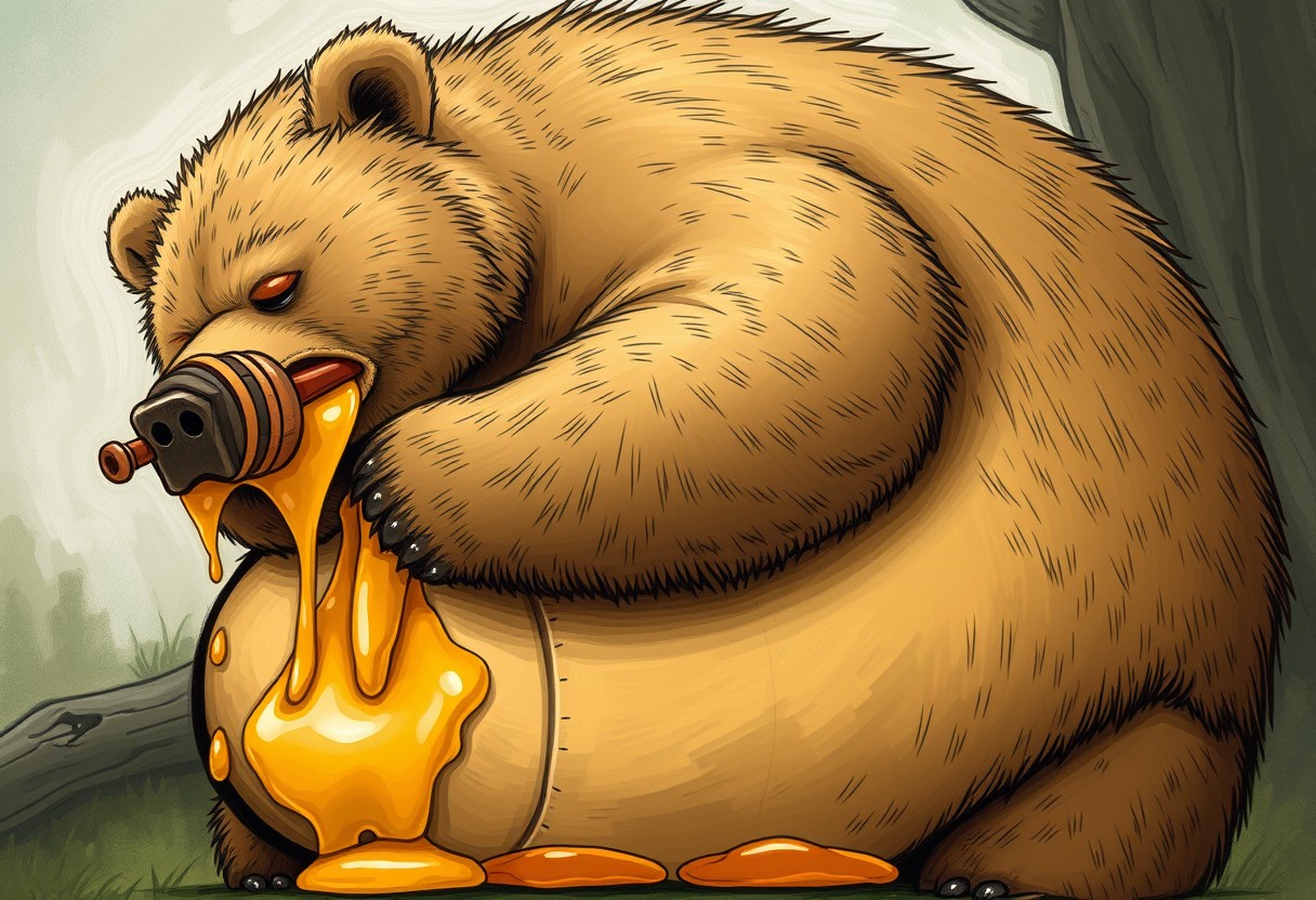 Obese bear guzzling a barrel of honey, bloated overhanging sagging belly, high resolution.