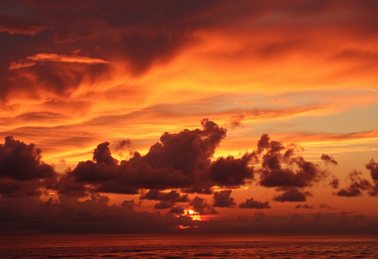 Dramatic, fiery sunset, clouds, silhouettes, high quality, photorealistic, evening sky, reflection, serene, seashells.