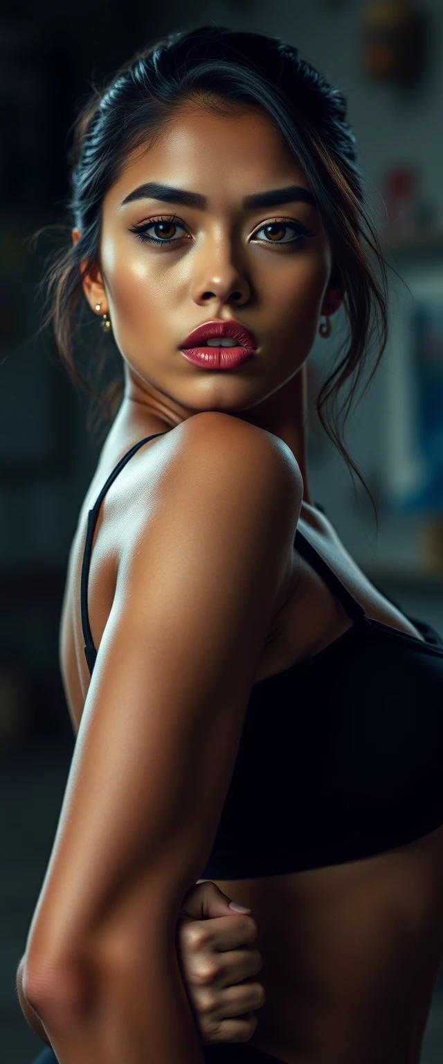 Close-up shot of muscular Indian Korean women staring at the camera in a bent pose.