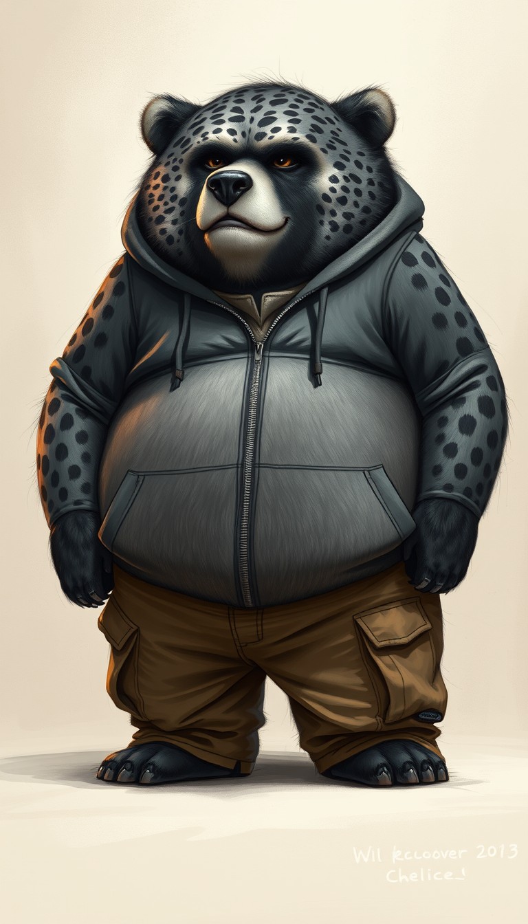 Quarter view, anthropomorphic obese gray bear-leopard hybrid, blended features. Gray and black fur with tan and white fur markings. He has a heavyset body, wide fat bottom, and fat wide double chins. Wearing tan cargo pants and a zip-up hoodie. Full body, uncropped. Fluffy fur. Abstract background digital art.