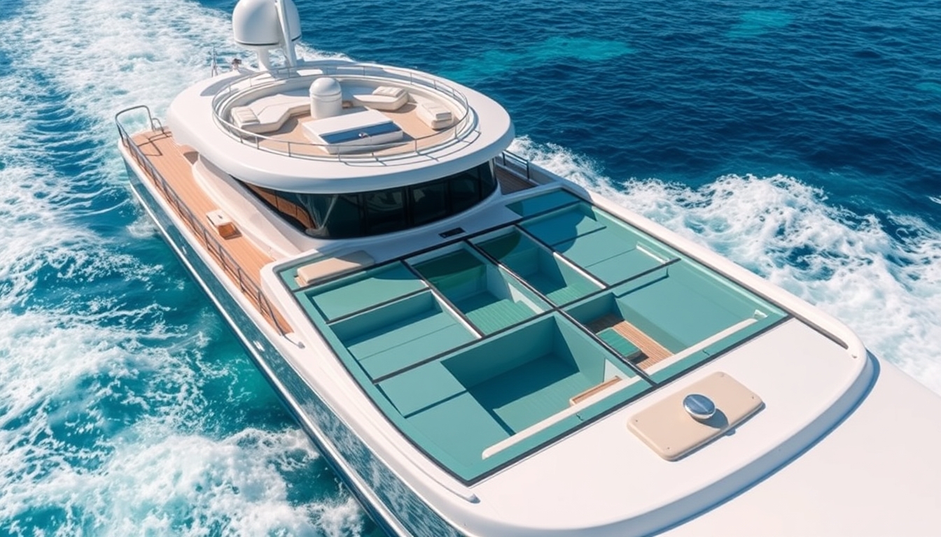 A luxurious yacht with a glass deck, cruising through crystal-clear waters.