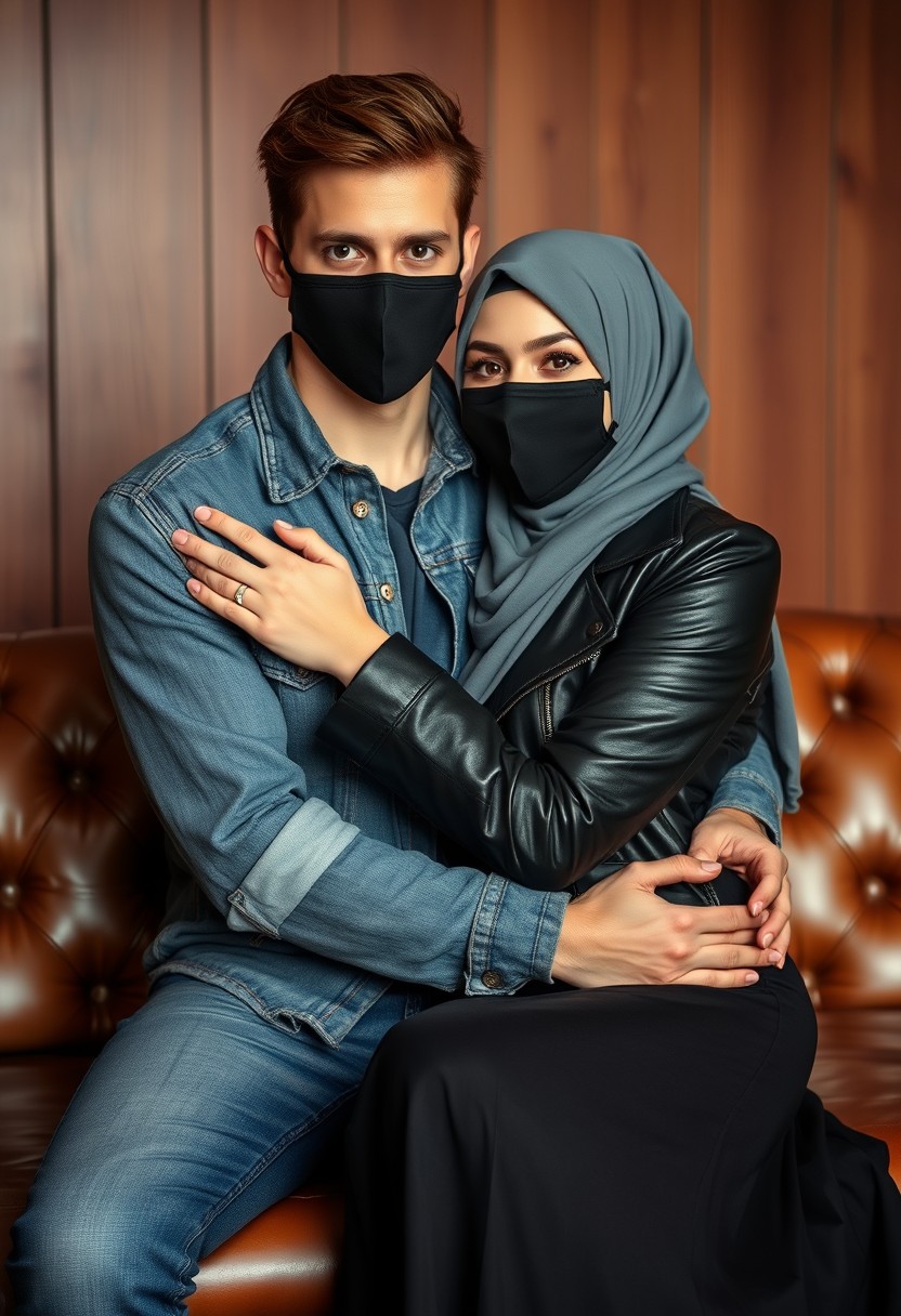 Jamie Dornan's head and body shot, handsome, black face mask, denim jacket, jeans, dating, love couple, hug, with the biggest grey hijab Muslim girl, beautiful eyes, black face mask, black leather jacket, biggest skirt, hyper-realistic, studio photography, sitting on a classic leather sofa, wooden wall. - Image