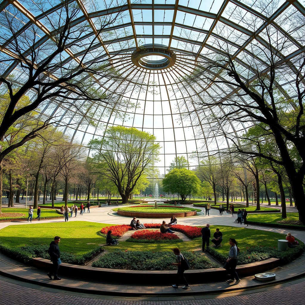 A park inside a dome, where people walk and relax peacefully regardless of the weather—rain or snow, hot or cold. My gaze is outside the dome, and I can see inside. The inside is always in pleasant weather.