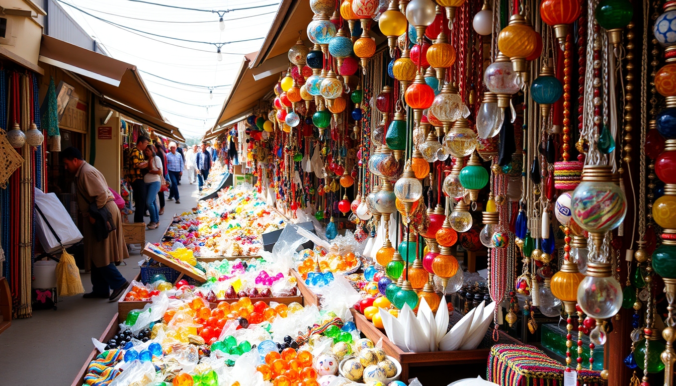 A bustling market with stalls selling colorful glass jewelry and ornaments.