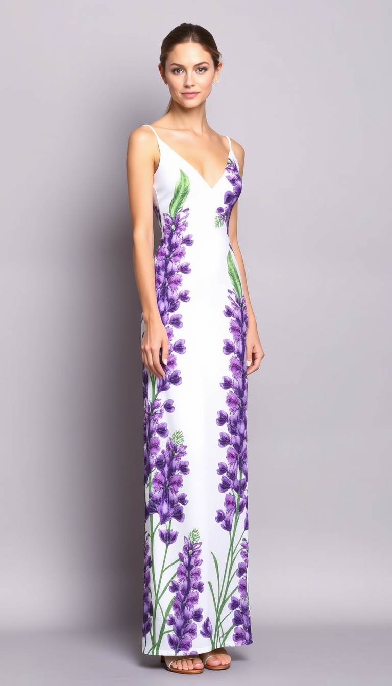 (sheath-line, Maxi-length sundress), (lupine flower print), (sleeveless Maxi-length white sundress with purple lupine flower print), (plunking neckline, collarbone), (purple lupine flower print on Maxi-length dress), (sandals with heels) - Image