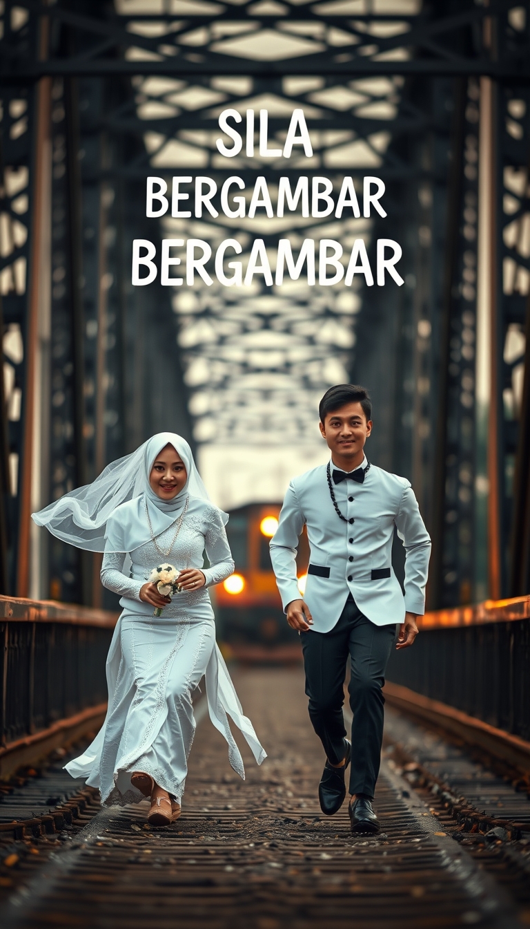 A captivating and surreal photograph of a couple adorned in traditional Malay white wedding attire. The bride dons a stunning "pengantin" outfit, while the groom stands tall and confident. They are seen racing towards a mysterious and ominous black metal bridge. The bridge symbolizes their passage into a new chapter of their lives together. The Malay text "SILA BERGAMBAR" hangs above them, adding an enigmatic touch. The dramatic scene is further intensified by a bokeh background and the TRAIN IS COMING. This image masterfully blends love, adventure, and suspense, creating a unique fusion of emotions. TRAIN ON BACKGROUND, GOLDEN HOUR. - Image