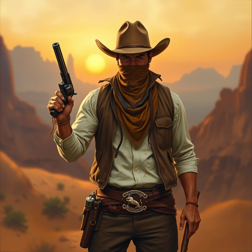 A painting of a cowboy wearing a brown cowboy hat, a brown bandana covering his face, a brown vest and pants, with a dirty white shirt, and cowboy boots. He is holding a revolver in one hand and a hatchet in the other. The background features desert cliffs at sunset, with an intimate diffused glow, subdued hues, neutral high key ambiance, resembling a real photo, taken with a 35 mm lens.