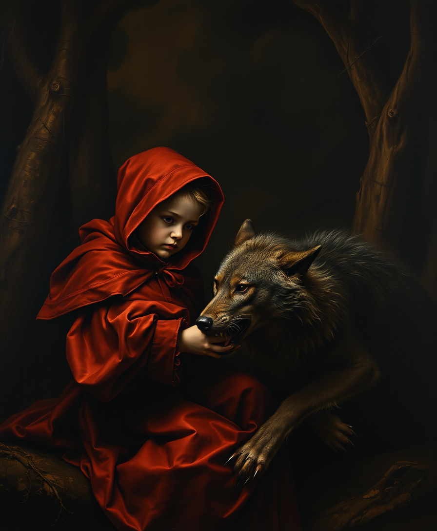 A masterful painting in the style of Rembrandt, showing Little Red Riding Hood with the wolf, with incredible detail, dramatic lighting, and a dark, foreboding atmosphere, 8K resolution, Amazing, Epic, Super, Mystic, Epic oil paint, Extreme high details, Old, Chiaroscuro, Dramatic lighting, Sfumato, Rich textures, Introspective, Masterpiece, Luminous, Deep shadows, Classical composition, Expressive brushwork, masterpiece, best quality, solo, deep shadow, extremely detailed, fine detail, analog film, 8K ultra hd --cfg 1,9. - Image