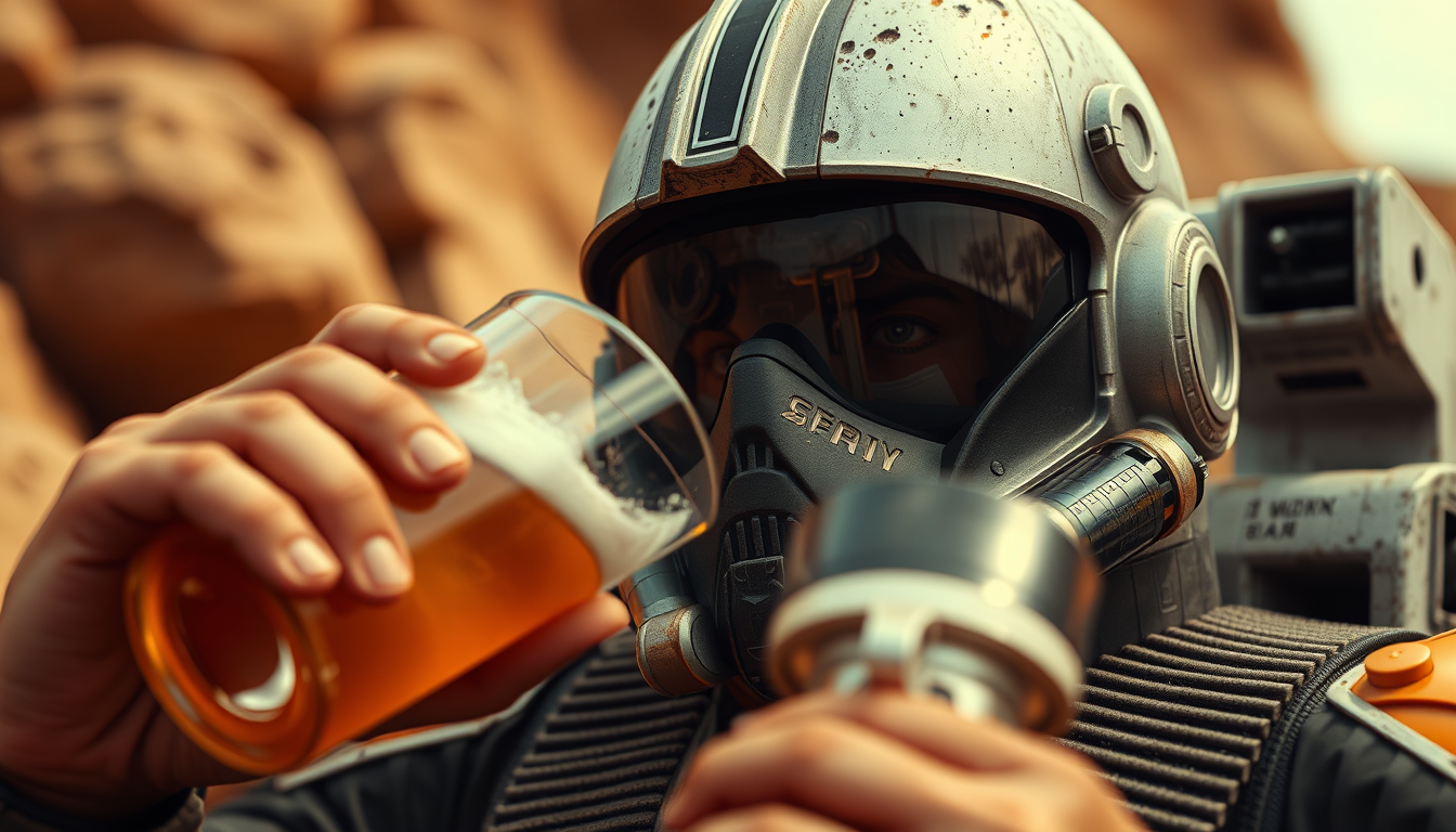 Closeup view of a Star Wars X-Wing pilot drinking a cold beer.