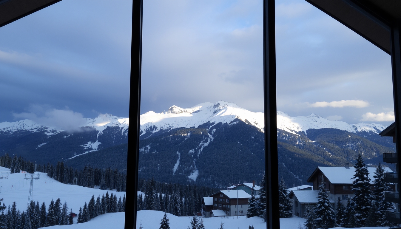 A dramatic mountain landscape viewed through the glass walls of a ski lodge.