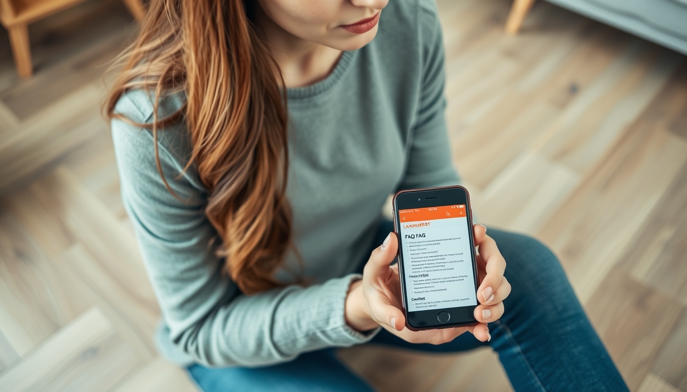 A woman sits questioning on the floor. The floor is laminate. She is looking at the FAQ page of LaminatDEPOT on her phone. - Image