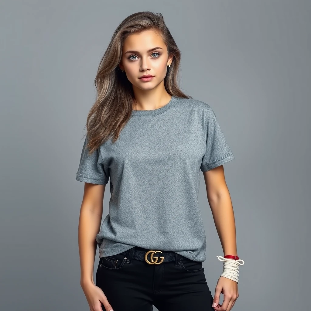 A teenage woman in a grey T-shirt, black jeans, and Gucci sneakers on her feet. Appearance: cool gray hair and blue eyes. Professional photo. Full length.