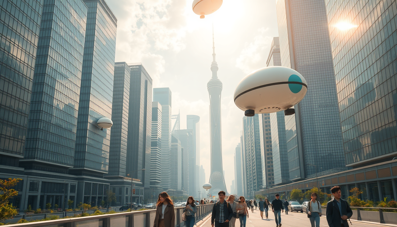 Create a stunning high-resolution image of the city of the future. The skyline should be filled with towering skyscrapers. It includes a light-colored oval balloon-type robot flying rapidly through the air with tiny black balancers on either side of the balloon. There are some people walking on the street, Asian faces, wearing fashionable and avant-garde clothes, creating a laid-back and pleasant atmosphere. The visual focus of the image highlights small balloon-type robots patrolling the air for safety, very beautiful clouds, and gorgeous sunlight reflecting off the glass surfaces of the buildings, creating an atmosphere of excitement and innovation. Very clear and realistic details, 32K, top view.