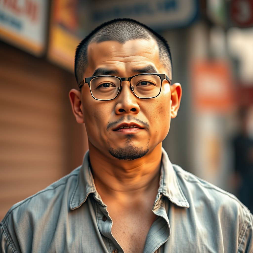 A Chinese male around 35 years old, with a strong street vibe, sports a neatly shaved buzz cut, seemingly proclaiming his determination and resilience. He has a robust and powerful physique, bearing the marks of long hours spent on the streets, with each muscle telling its own story. Wearing a pair of framed eyeglasses, he appears cultured but subtly radiates a street-smart wisdom. The unevenly trimmed short beard on his chin adds a rebellious and unconventional touch, fully embodying his street style. Dressed in a casually open shirt with rolled-up collar, he exudes an attitude of street nonchalance. His face is full yet angular, and the ruggedness combined with a bit of a rogue charm, honed from street life, creates a unique, charismatic personality brimming with street essence. - Image