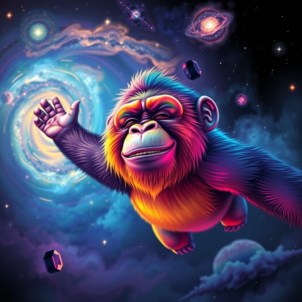 A captivating digital painting of a happy ape soaring through a dreamy, cosmic landscape. The ape sports a vibrant rainbow color palette, with flashes of color interspersed throughout the scene. The background features a starry cosmos with swirling galaxies and nebulas. The ape's eyes are closed, exuding a serene expression, while its serene smile is a testament to its peaceful state. The glitchy edges, fading to black, add a unique and striking touch to the design. The subtle acid rainbow cubic glitch effect adds depth and visual intrigue to this mesmerizing, dreamy tee shirt design.