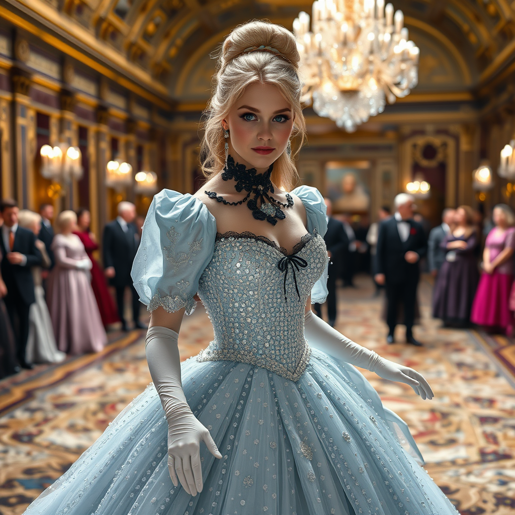 Blonde Cinderella, she is wearing a pearl pale blue magical gown covered in billions of shiny crystals, with black velvet lace around her neck, white long gloves, glass shoes, and her hair pulled up. She is entering a palace ballroom full of people. The image has a depth of field, gray eyes, set in the 1700s. She has perfect hands, a perfect face, and perfect eyes. The photograph is realistic, in 8K quality, and set in England.