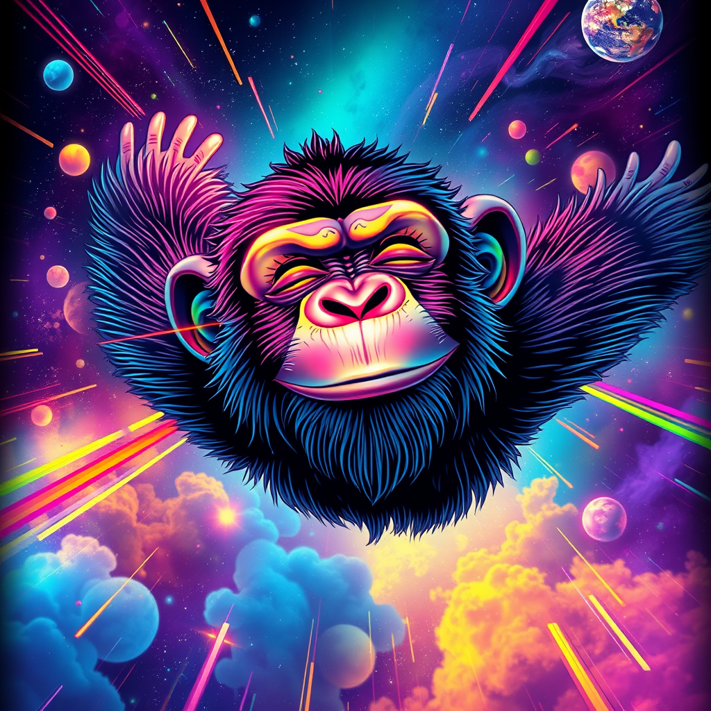 A peaceful smiling ape flying through a dreamy space world, with vibrant rainbow color flashes interspersed, while his eyes are closed with a serene expression. T-shirt design. Striking and visually stunning. Glitchy edges fading to black around the entire image. Digital painting with subtle beautiful acid rainbow cubic glitch effect throughout.