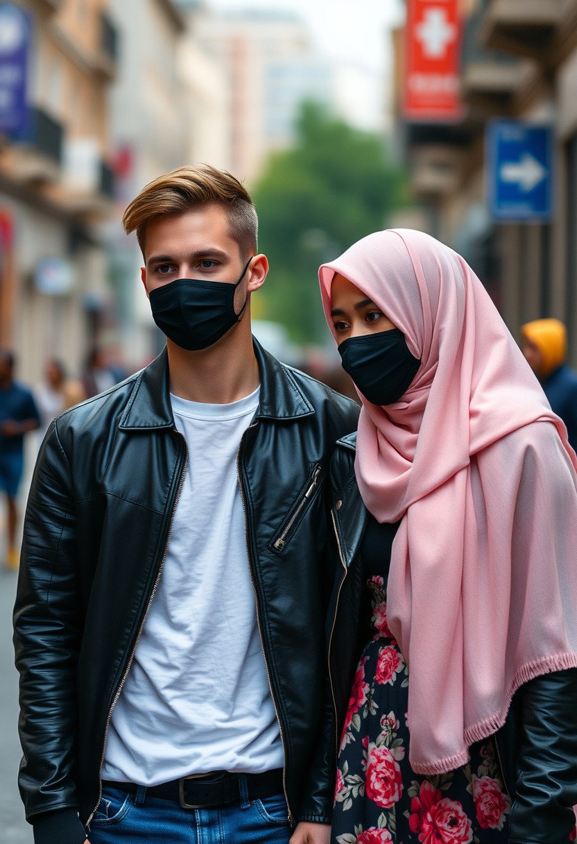 Jamie Dornan's face, hair, and body shot, handsome, young, shaved, white T-shirt, blue jacket, jeans, dating love with the biggest soft pink hijab, black leather jacket, black face mask, biggest floral skirt, hyper-realistic, street photography.