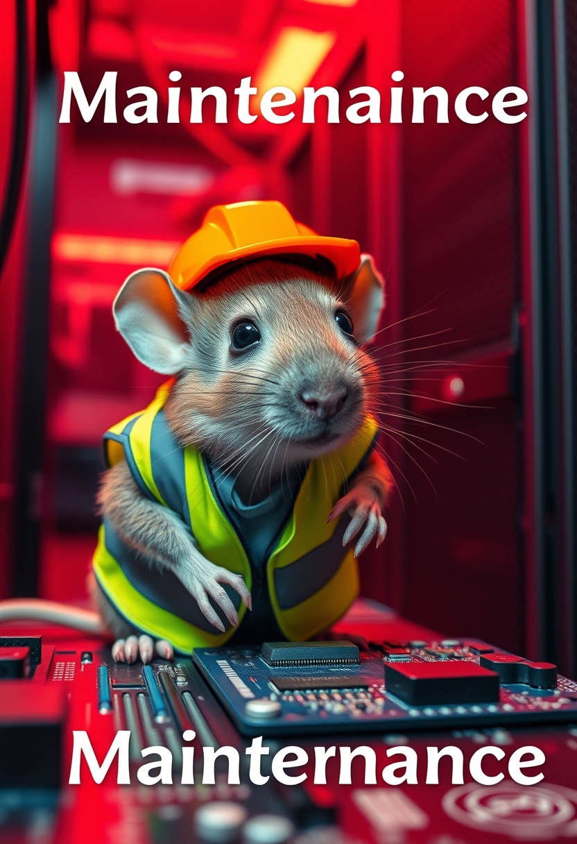 A small mouse with a hard hat and high visibility vest is repairing a circuit board. The mouse has a serious look in his eyes. The background shows a server room with red emergency lighting only, red ambient lighting, emergency lighting, (Text background saying "Maintenance"). - Image