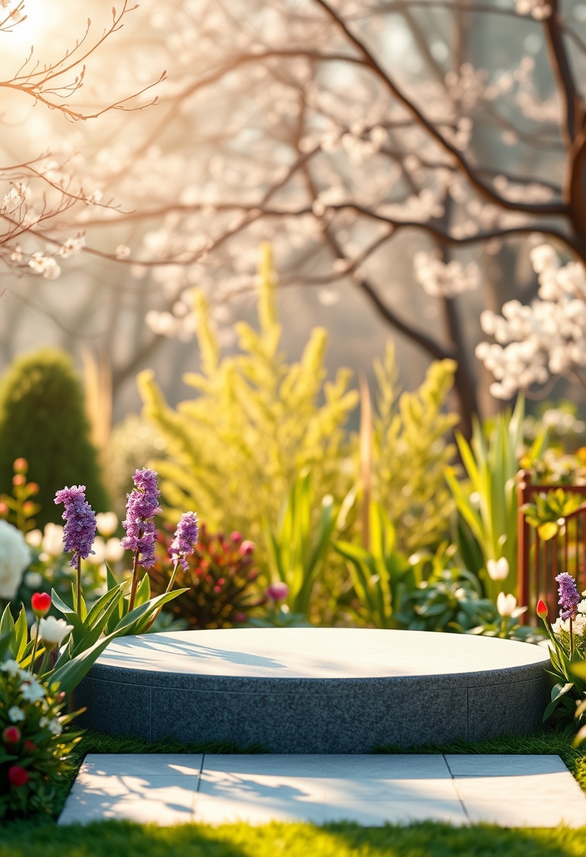 Serene Garden Podium with Spring Background Under Morning Light