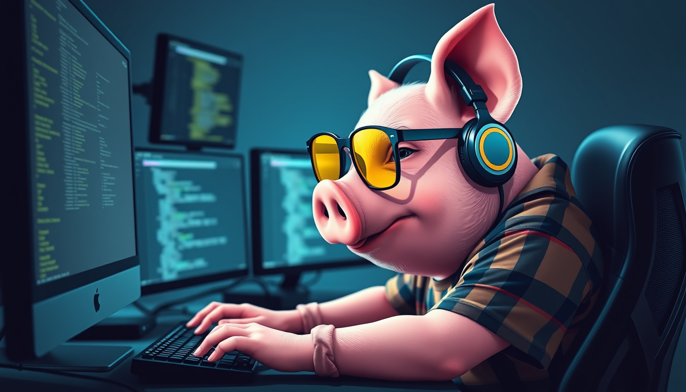 A tech-savvy pig coder, wearing yellow-tinted glasses and sleek noise-cancelling headphones, leans over a cutting-edge multi-monitor setup. The anthropomorphic pig exudes focus, typing furiously. Dressed in a plaid t-shirt. - Image