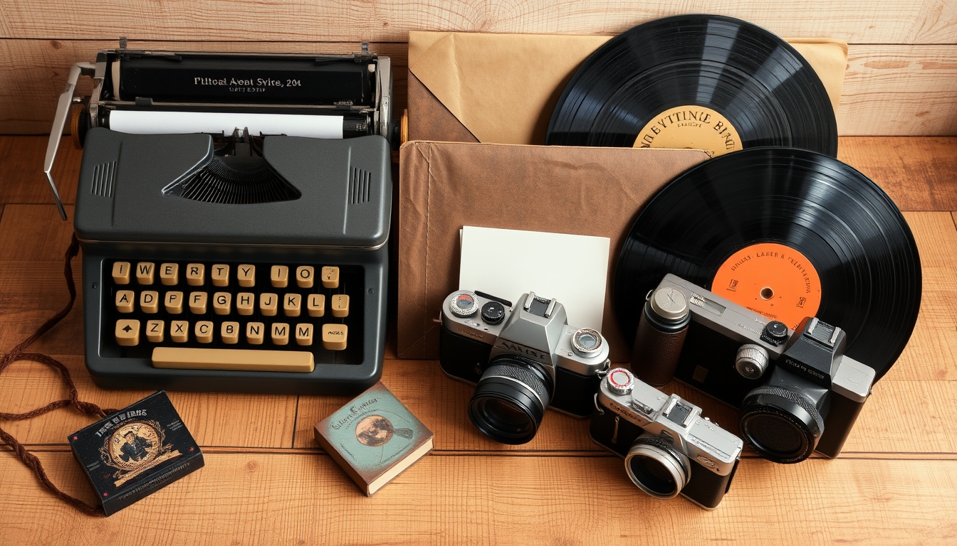 A nostalgic still life of old-fashioned items like a typewriter, vinyl records, and vintage cameras, arranged artfully on a wooden surface.