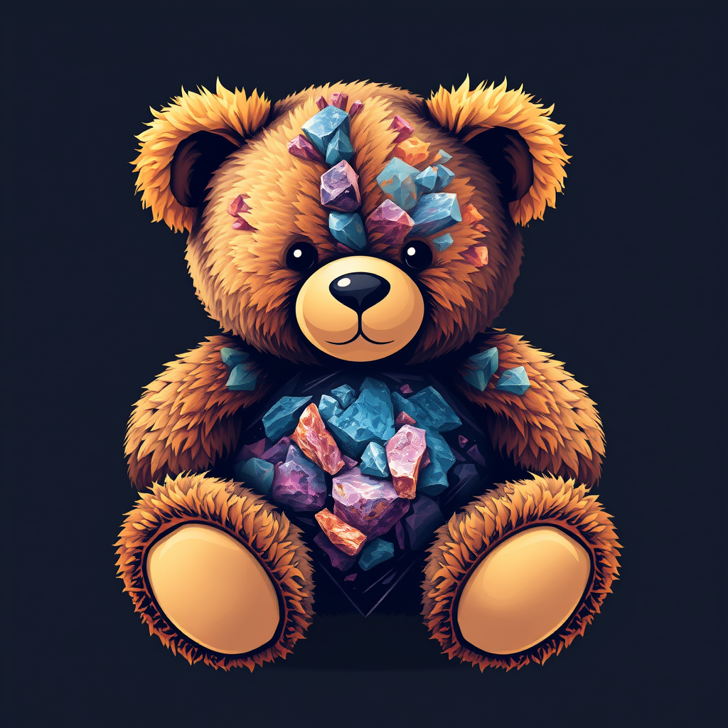 A tee shirt design of a teddy bear whose entire body, ears, and head are perfectly blended with a beautiful mineral. Striking and beautiful digital strokes.