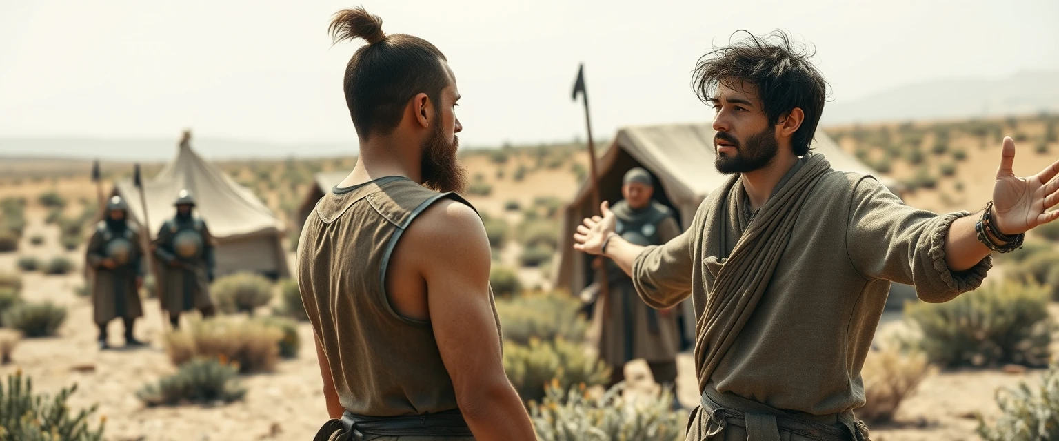 Create a scene of two men facing one another. The man on the right is a young Jewish man in his mid-20s, dressed simply as a shepherd, posed dramatically with his arms stretched out to the sides. He has dark, messy, unkempt hair and a beard, looking shocked as he gazes off camera to the left. The man on the left is a slim Jewish man in his mid-30s with a Jewish beard, wearing only simple biblical-era Israelite armor. A group of four ancient biblical-era Israelite soldiers is crowding around the man on the left. In the background, Arabic army tents are pitched on a desert shrub land. The overall mood of the image is one of anxiety and concern. - Image