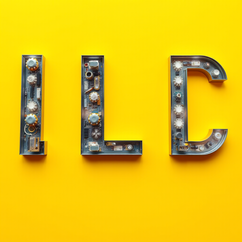 A letter "I" made of computer elements, yellow background, realistic photograph.