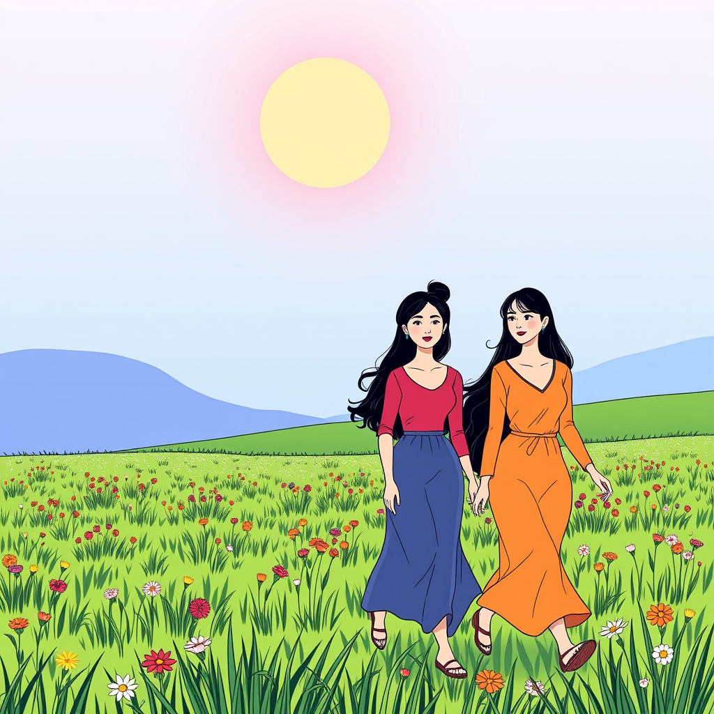 Three Asian women, with different personalities, walking in the middle of a beautiful meadow, six colors, drawing line vector, high quality.