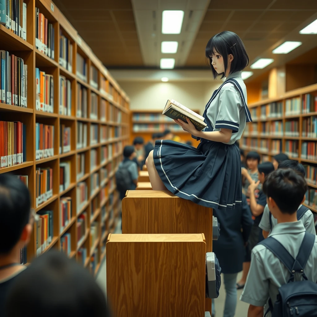 Real person photography, in the library, there is a Japanese female student wearing a school uniform skirt (with white skin) who is sitting on top of the bookshelf and reading a book. There are many people in the library. The main character is in the upper right corner of the frame. - Image