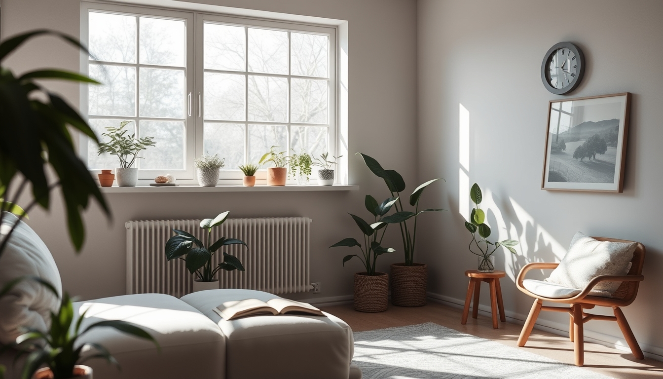 A serene interior space with natural light streaming in, featuring minimalistic decor, indoor plants, and a cozy reading nook.