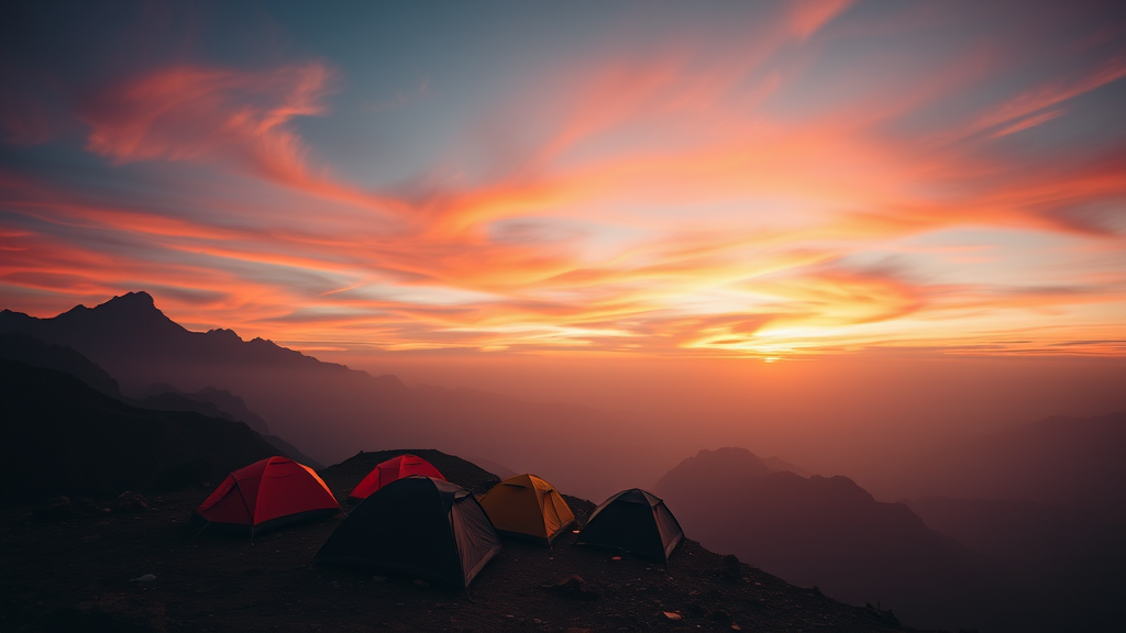 A group of tents set up on the side of a mountain in the middle of, Rudy Siswanto, art photography, flickr contest winner, tents, vibrant sunrise, at sunrise, trending on 500px, trending on 5 0 0 px, during dawn.