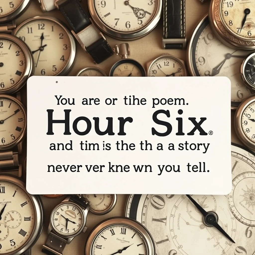 Sign that says: Hour Six  
Text: You are the poem I never knew how to write, and this is the story I never knew how to tell.  
Imagery: watches, clocks, time, seconds, minutes. - Image